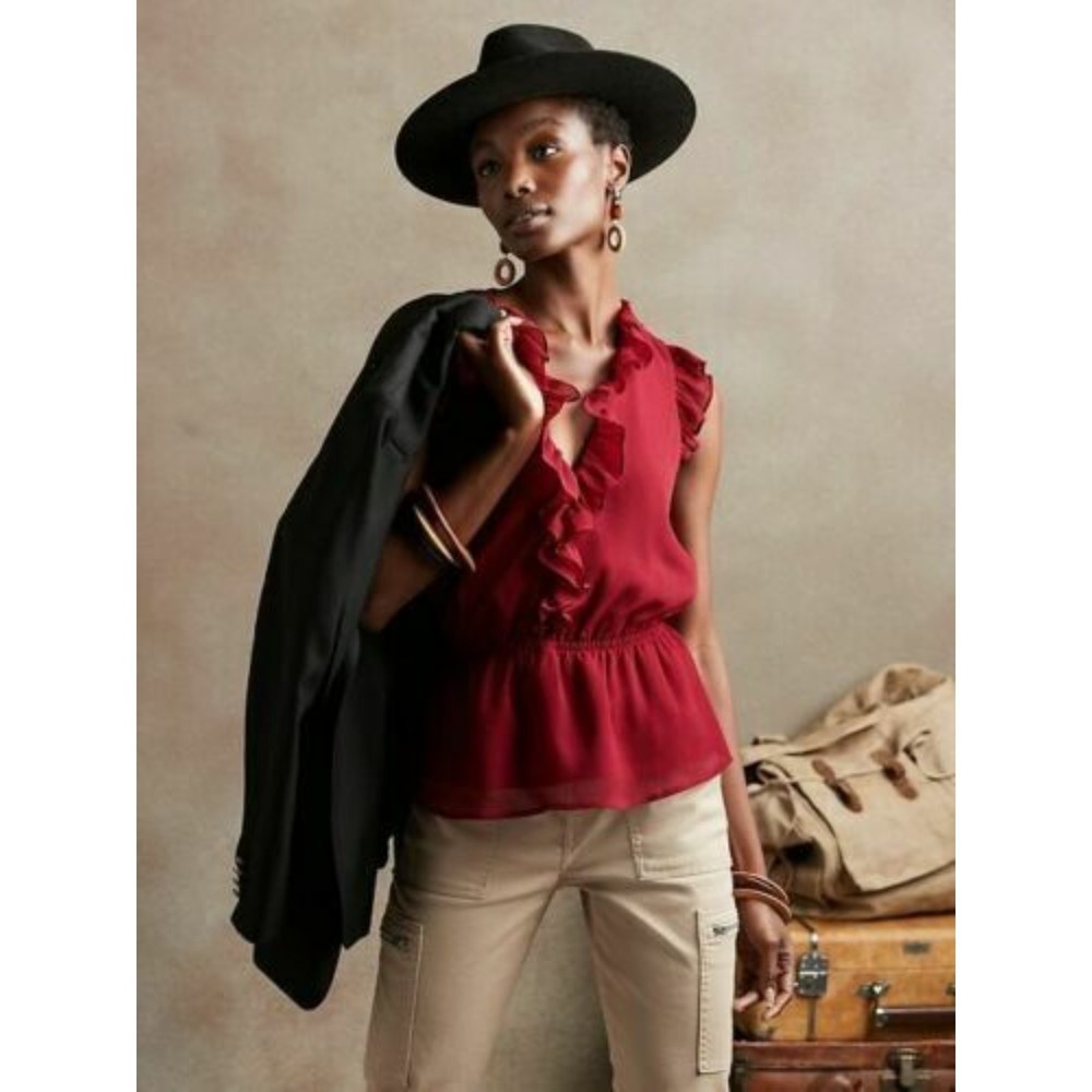 Banana Republic Wine Flutter Trim Peplum Top